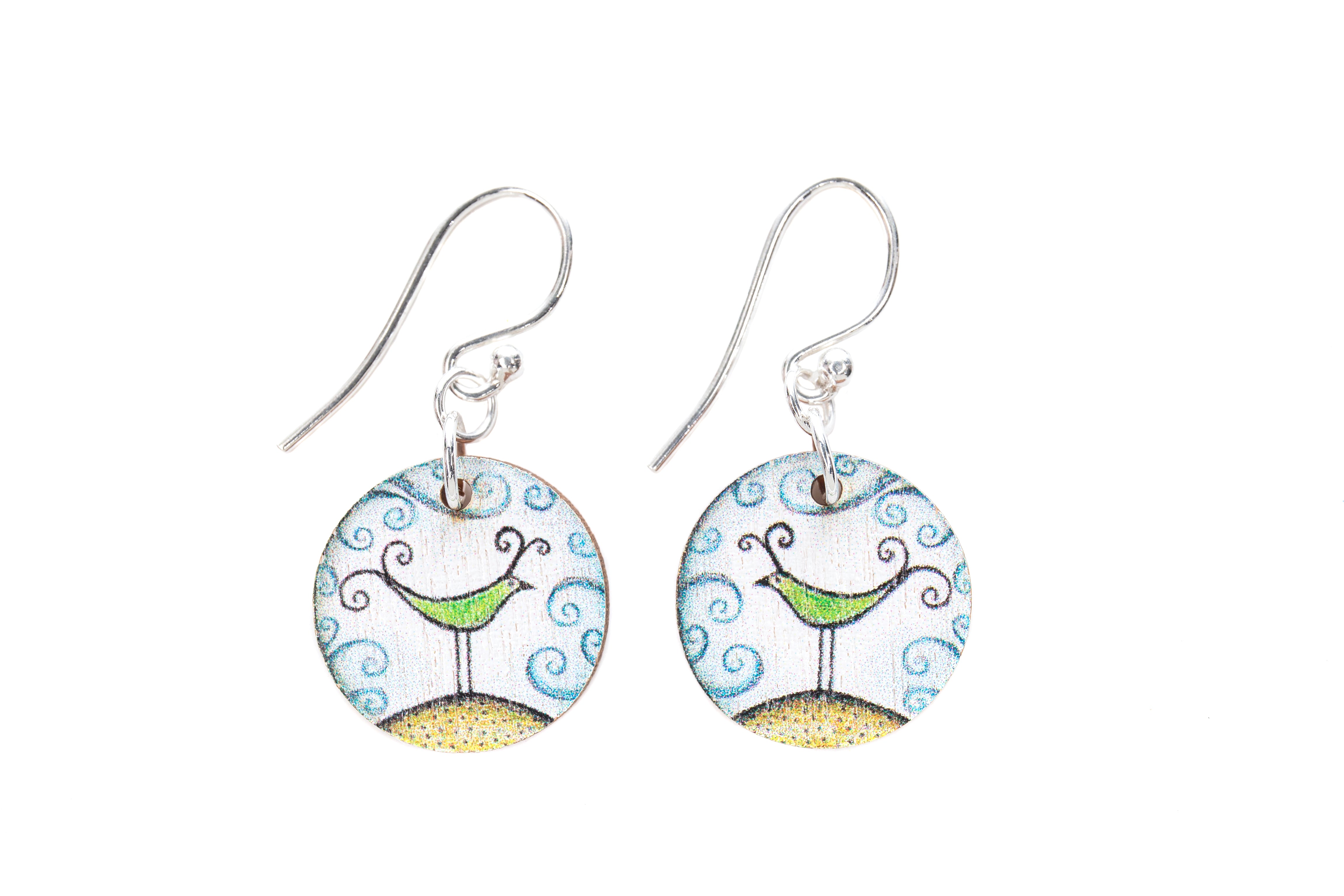Bird On A Hill ~ Wood & Sterling Silver ~ Earrings