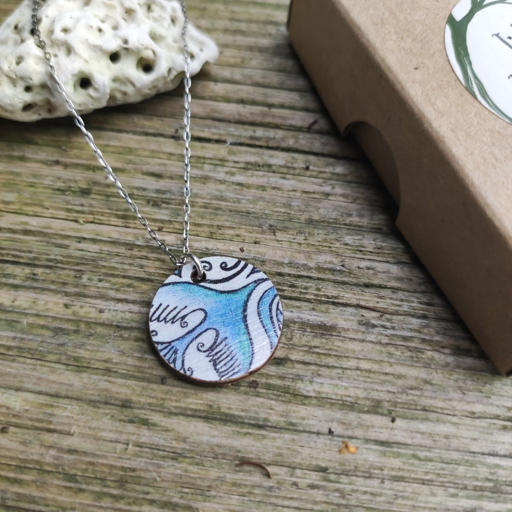 Flight Path ~ Blue ~ Wood & Sterling Silver Chain ~ Pendant