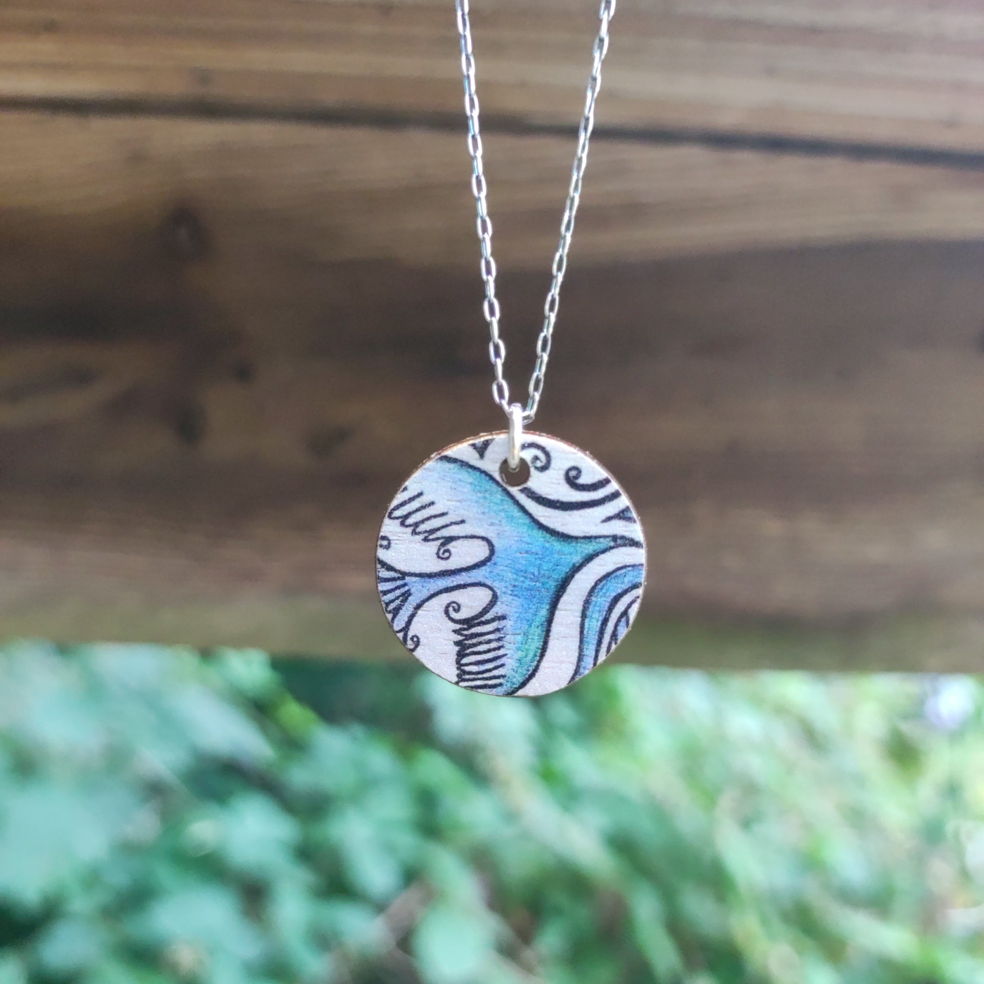 Flight Path ~ Blue ~ Wood & Sterling Silver Chain ~ Pendant