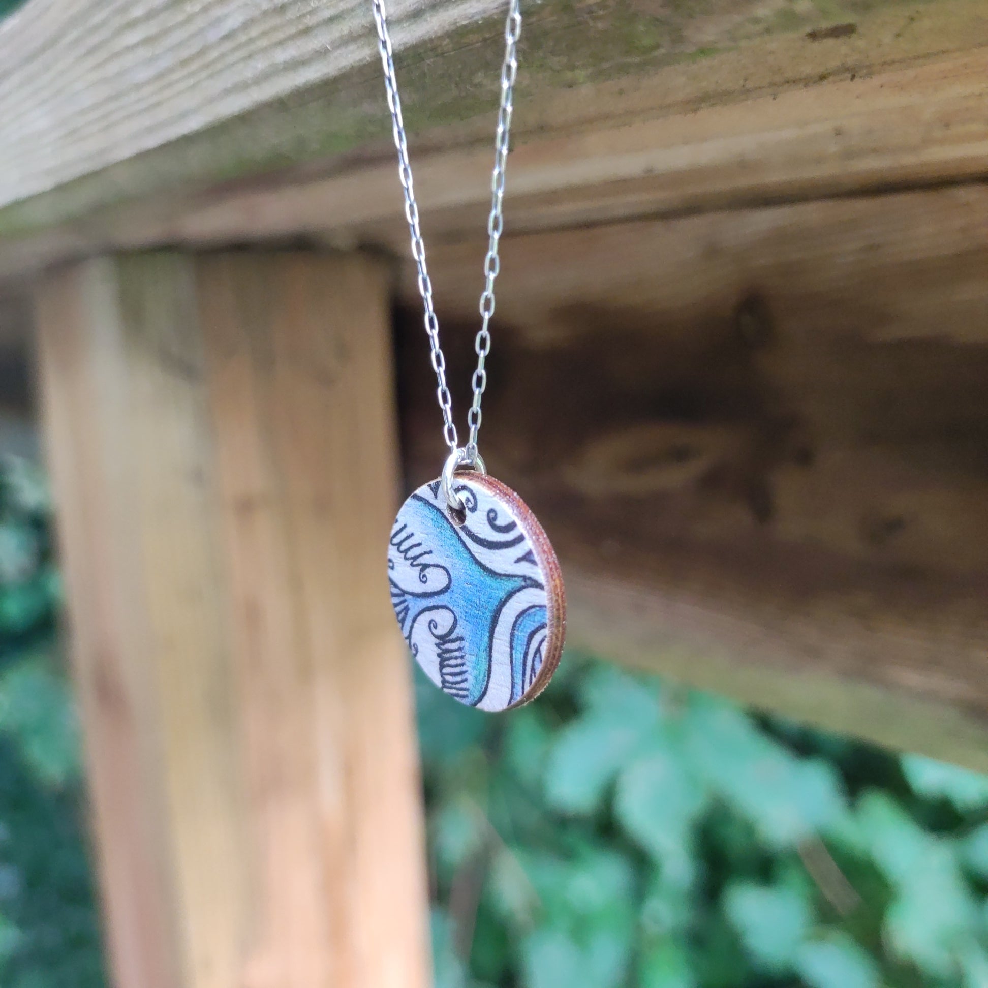 Flight Path ~ Blue ~ Wood & Sterling Silver Chain ~ Pendant
