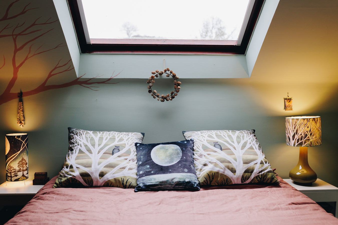 Boho interior decor. Scandi boho bedroom. Art cushions. Nature interior design. Tree cushion. Moon cushion.