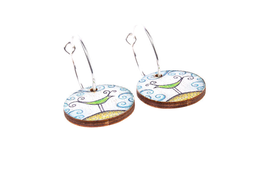 Bird On A Hill ~ Wood & Sterling Silver ~ Earrings