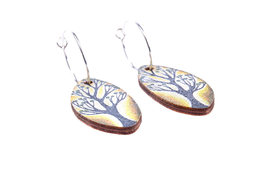 Ochre Trees & Green Blooms ~ Wood & Sterling Silver ~ Earrings