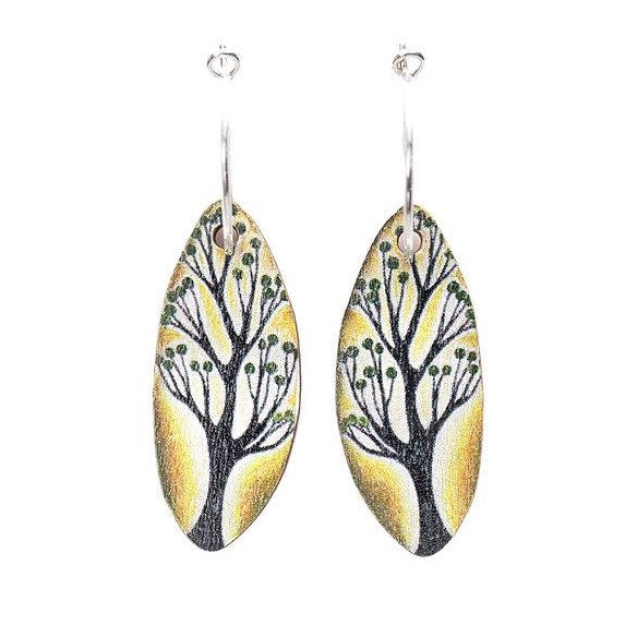 Ochre Trees & Green Blooms ~ Wood & Sterling Silver ~ Earrings