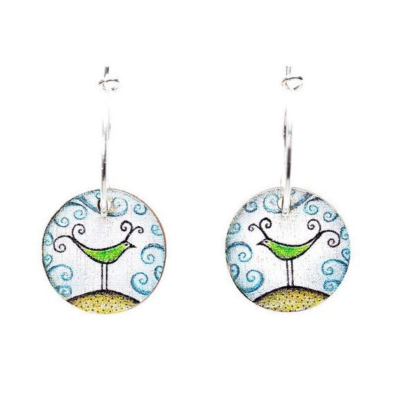 Bird On A Hill ~ Wood & Sterling Silver ~ Earrings