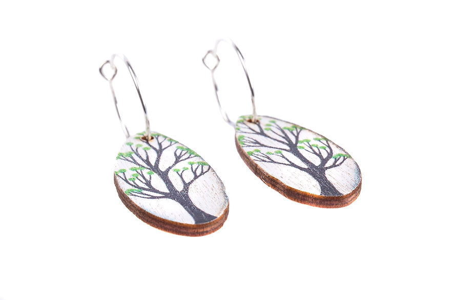 White Tree & Green Bloom ~ Wood & Sterling Silver ~ Earrings