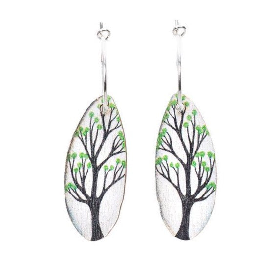 White Tree & Green Bloom ~ Wood & Sterling Silver ~ Earrings