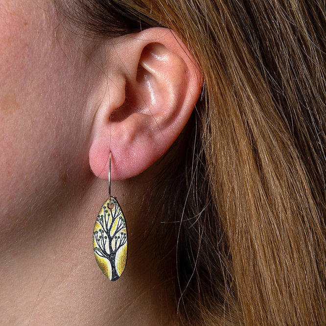 Ochre Trees & Green Blooms ~ Wood & Sterling Silver ~ Earrings