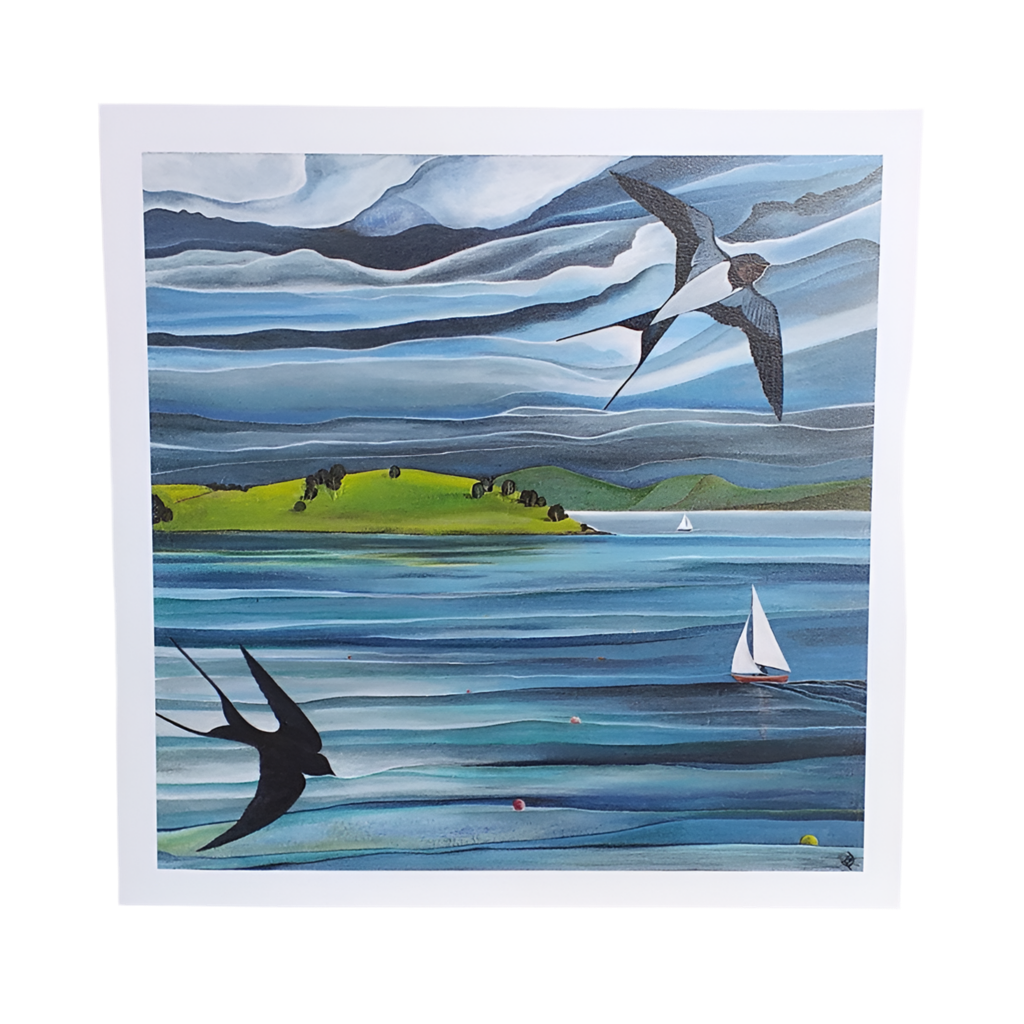 Artistic depiction of birds over a landscape with mountains and a sailboat on water. Swallows and Sails greeting card, Northern Ireland, strangford lough 