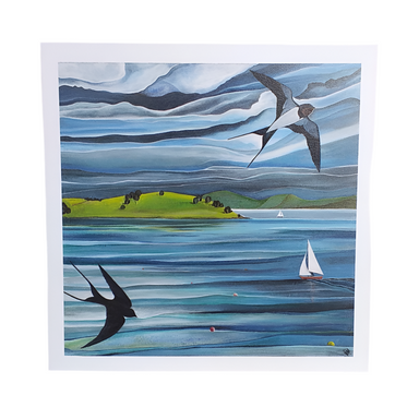 Artistic depiction of birds over a landscape with mountains and a sailboat on water. Swallows and Sails greeting card, Northern Ireland, strangford lough 
