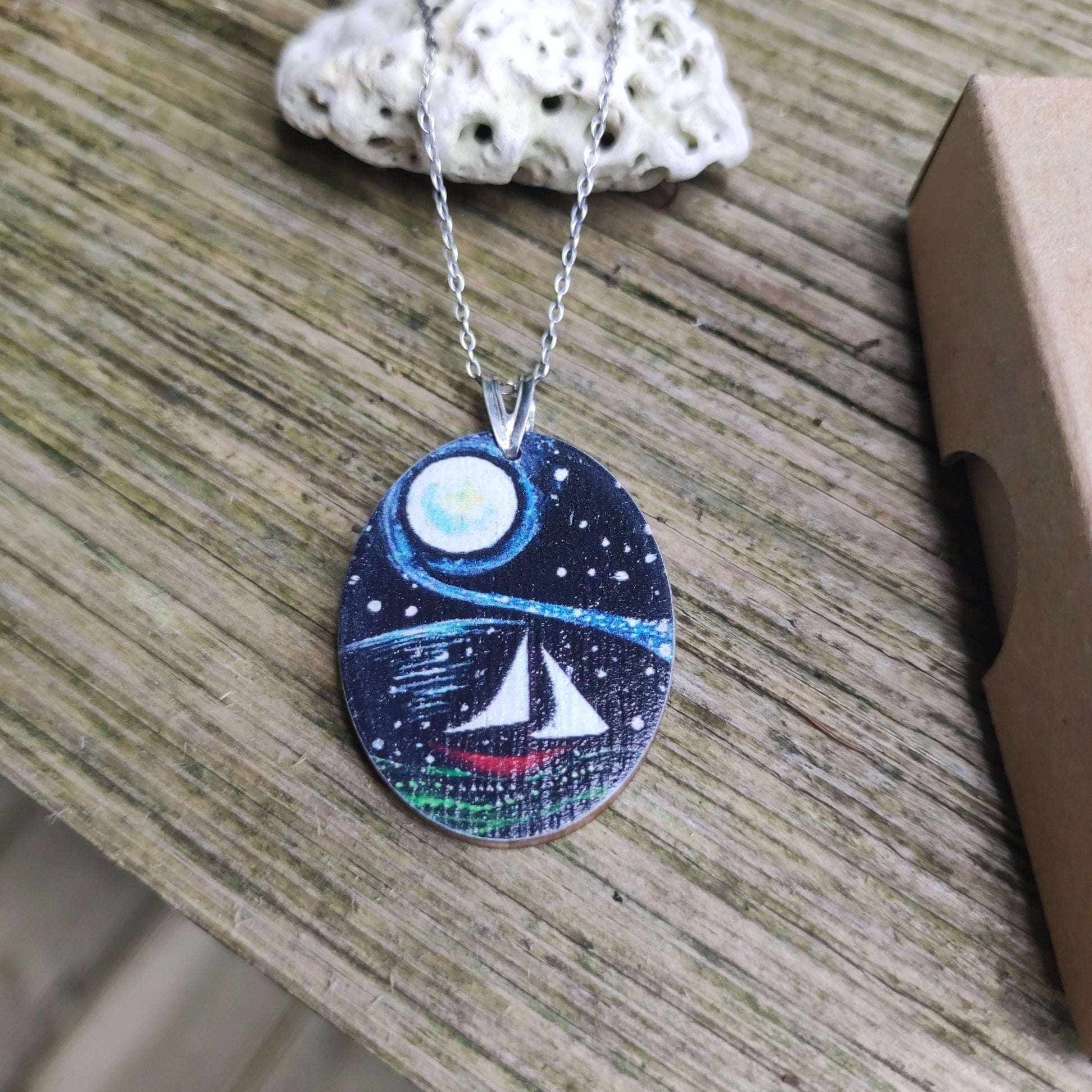 Moon Sail ~ Wood & Sterling Silver Pendant
