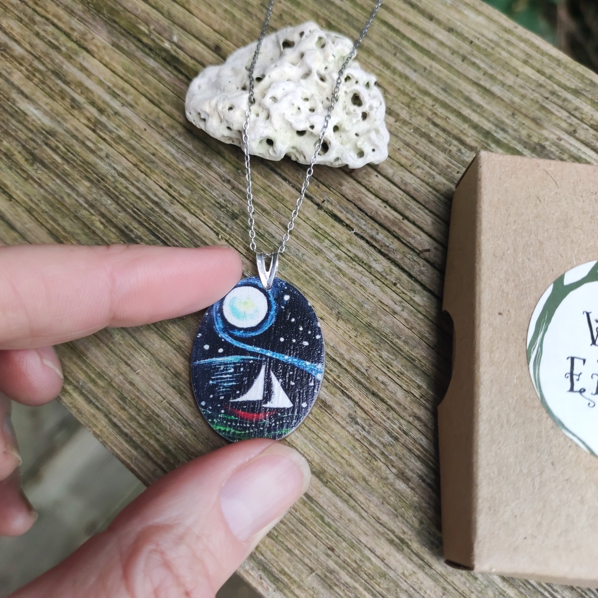 Moon Sail ~ Wood & Sterling Silver Pendant