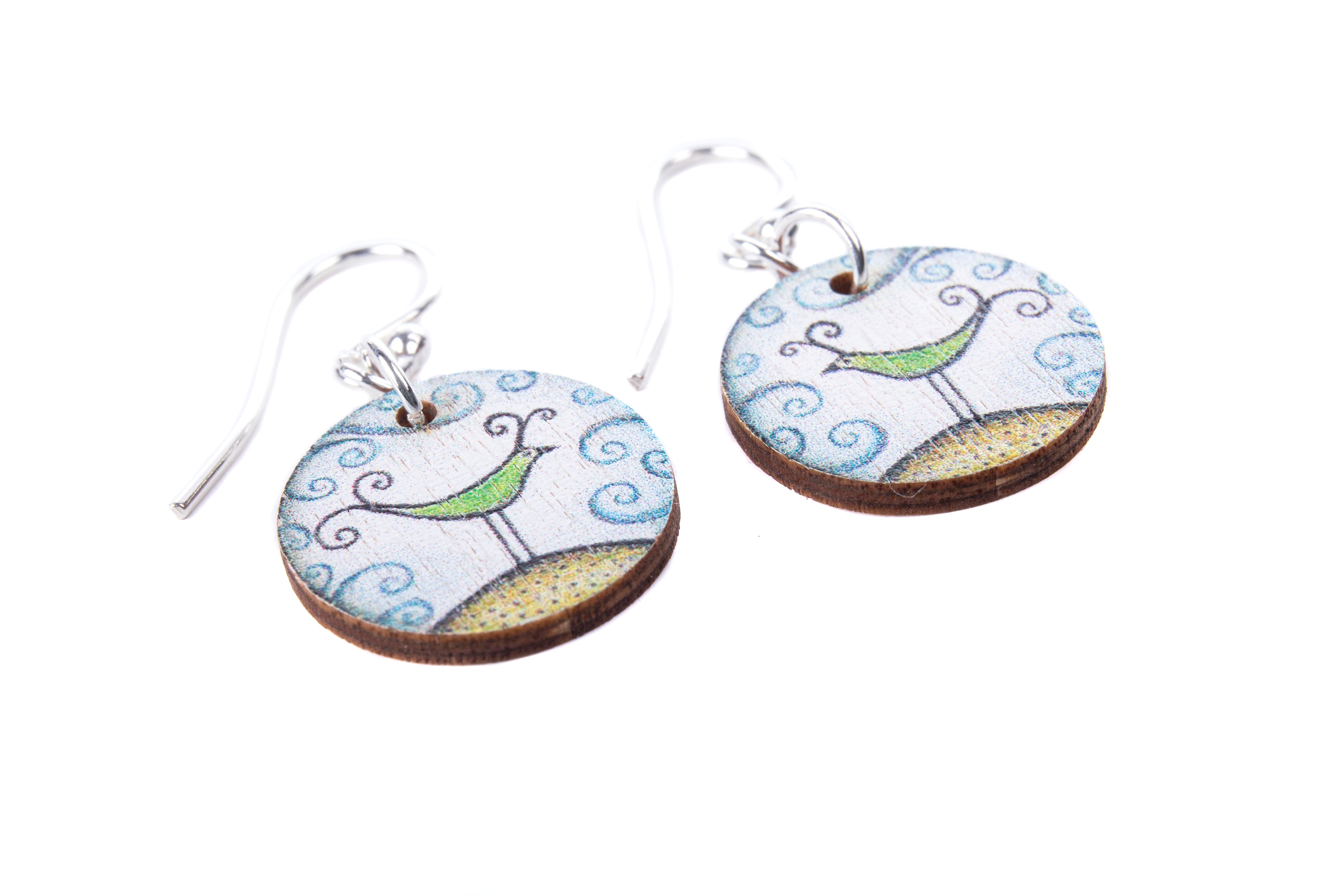 Bird On A Hill ~ Wood & Sterling Silver ~ Earrings