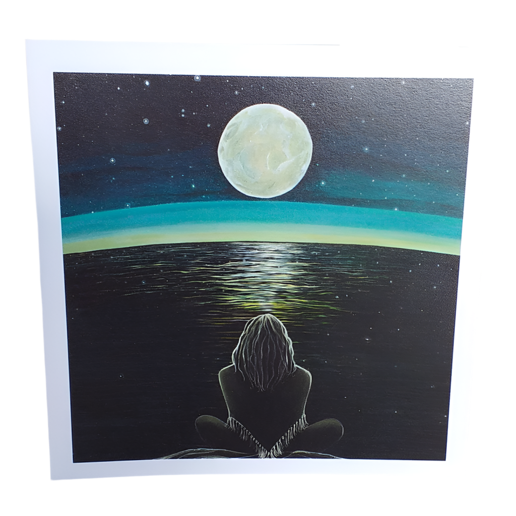 Artistic depiction of a person sitting by a body of water under a large moon.
