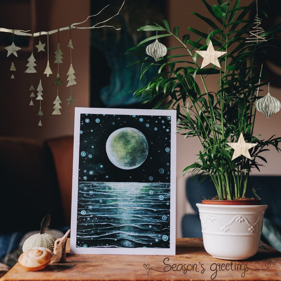 My Moon, mindful art print, moon over water, Christmas display