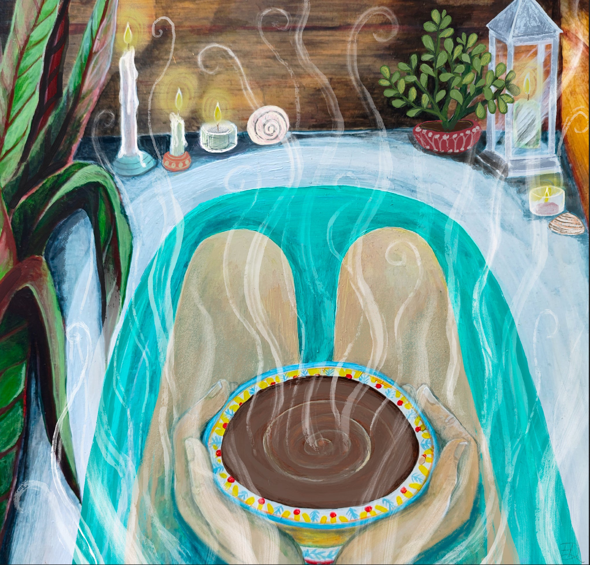 Artistic depiction of a hot chocolate bowl with steam, surrounded by candles and plants.  Me Time - self care, mindfulness card