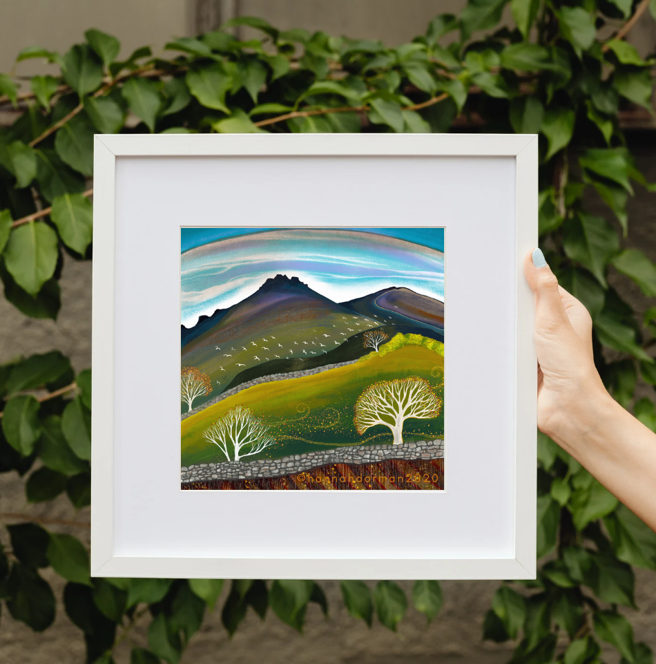 Autumn landscape art print with Mourne Mountains and falling leaves, End of Season illustration with stone walls and murmuration of birds, Northern Ireland, artist Hannah Dorman 