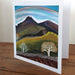 Painting of a landscape with mountains, trees, and a blue sky. Mourne mountains art, hiker gift, Northern Ireland Artist Hannah Dorman, Autumn art 