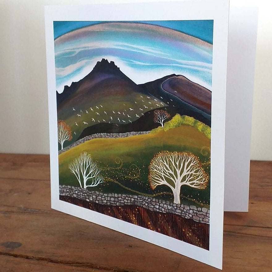 Painting of a landscape with mountains, trees, and a blue sky. Mourne mountains art, hiker gift, Northern Ireland Artist Hannah Dorman, Autumn art 