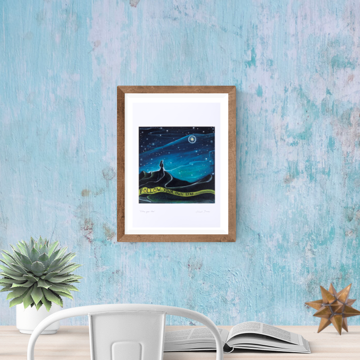 Follow your own star, guiding light, encouragement artwork, new chapter, new path…finding your path Artist Northern Ireland, starry night, lone figure looking to the sky, workspace art