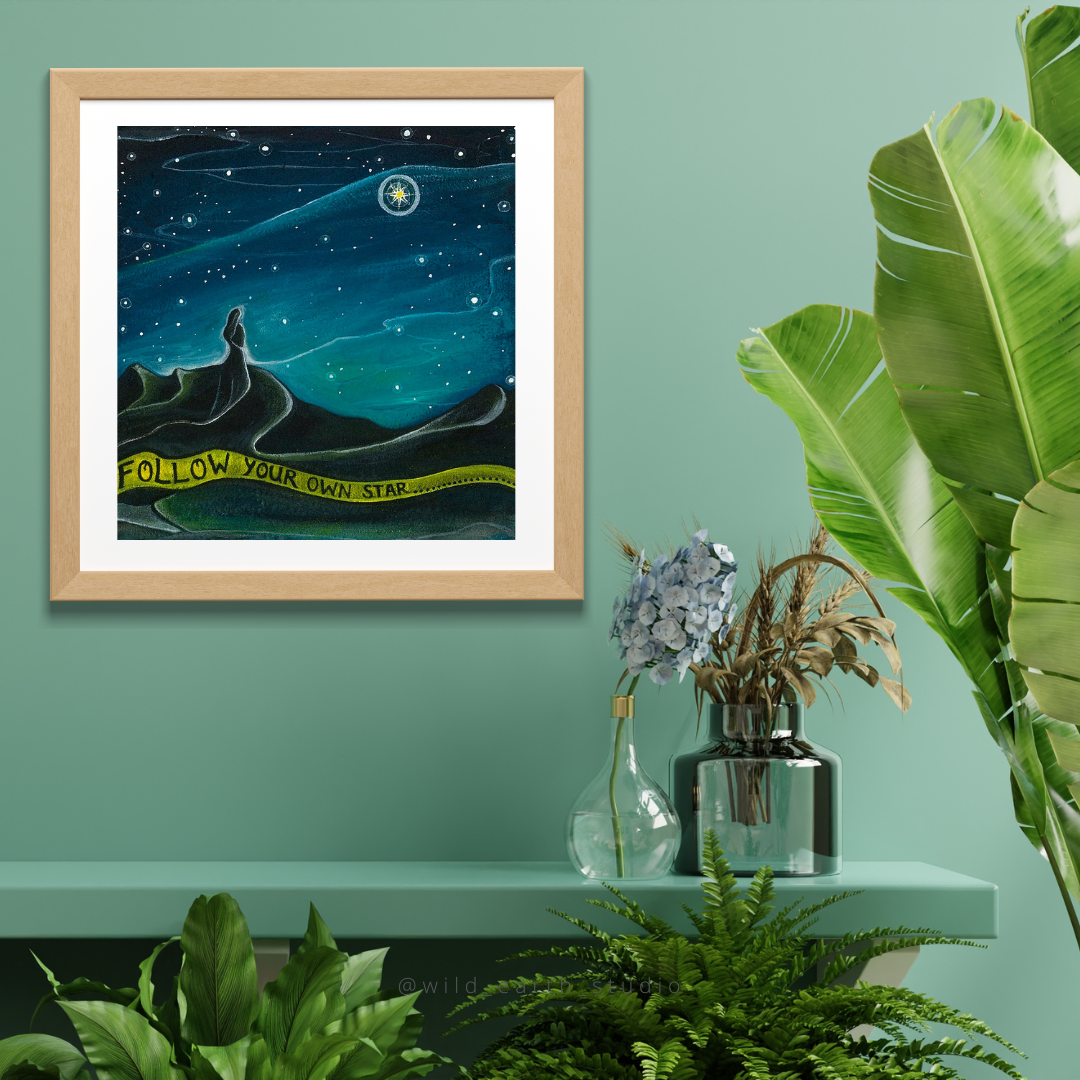 Follow your own star, guiding light, encouragement artwork, new chapter, new path…finding your path Artist Northern Ireland, starry night, lone figure looking to the sky