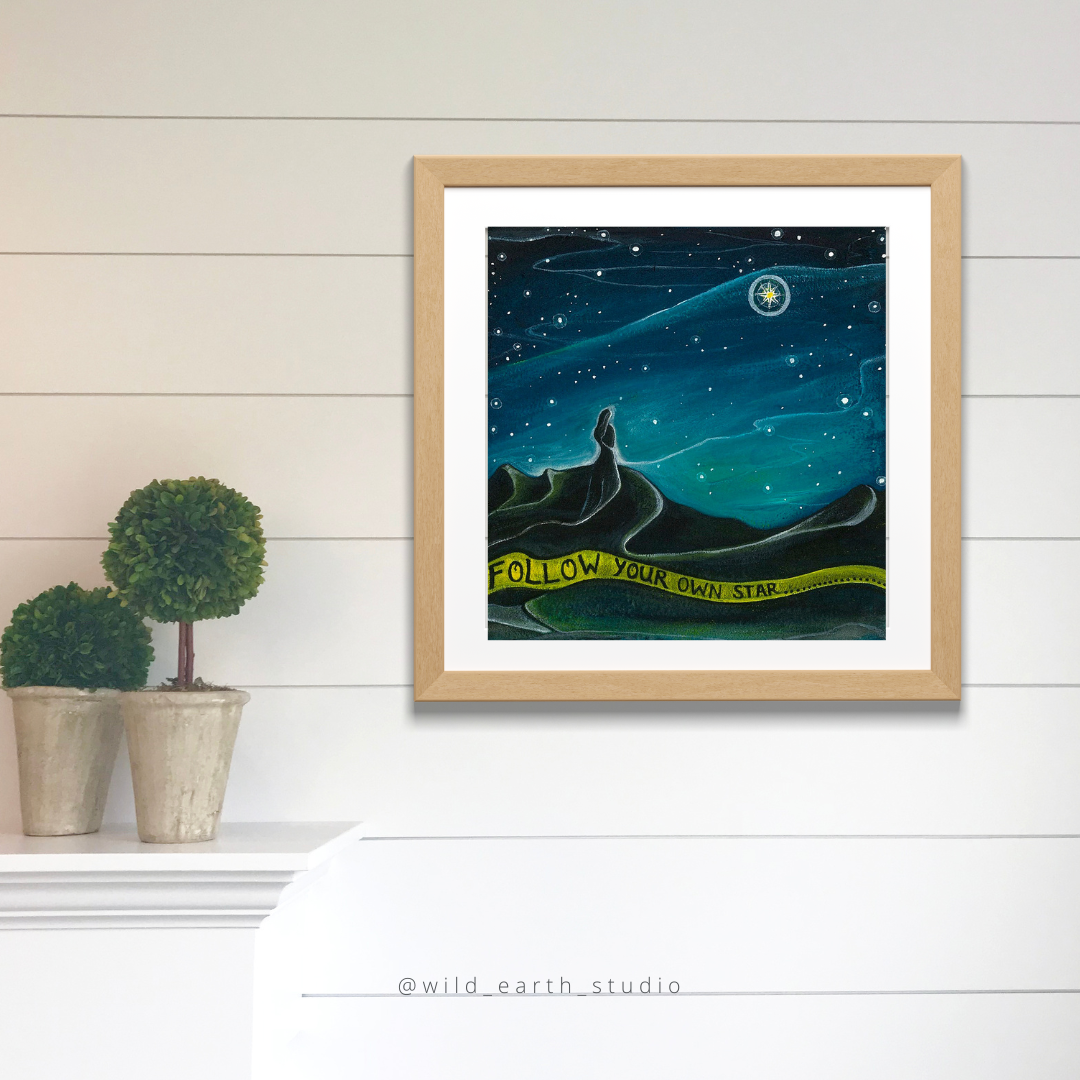 Follow your own star, guiding light, encouragement artwork, new chapter, new path…finding your path Artist Northern Ireland, starry night, lone figure looking to the sky