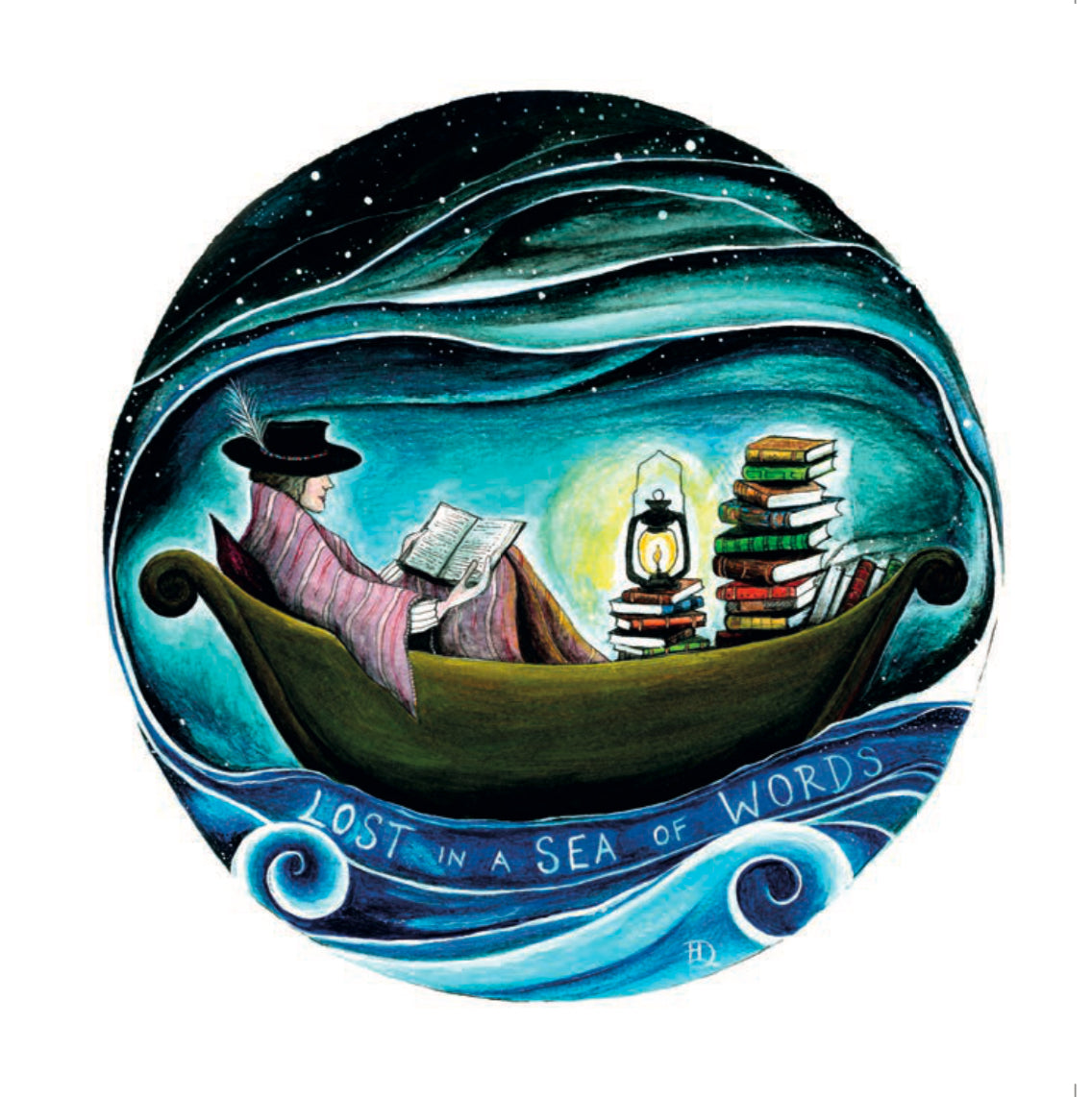 Woman in a boat in a hat and blanket reading a book, solitude art, mindful moment