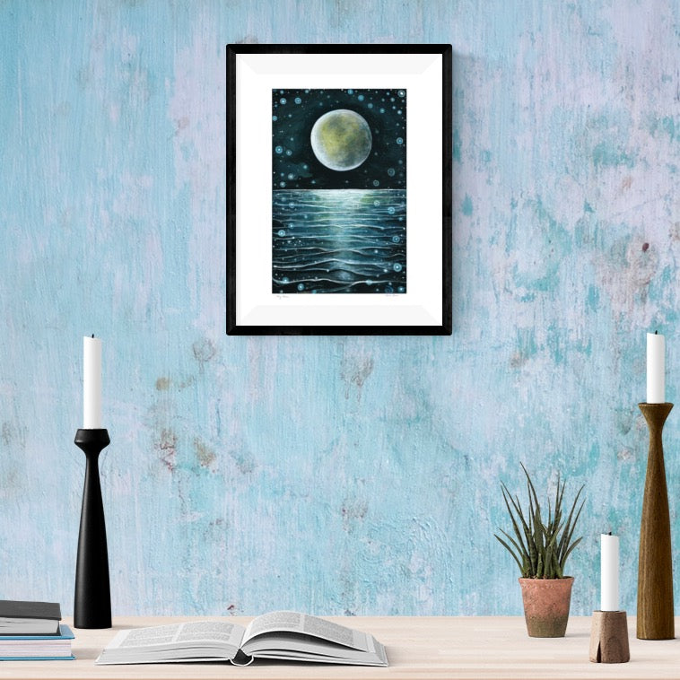 My Moon art print framed above meditation altar