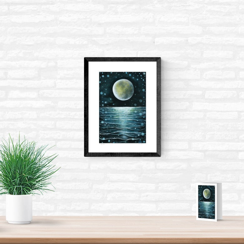 My Moon. Art print and card of moon over water, ocean art, nature lover, mindfulness and yoga studio art