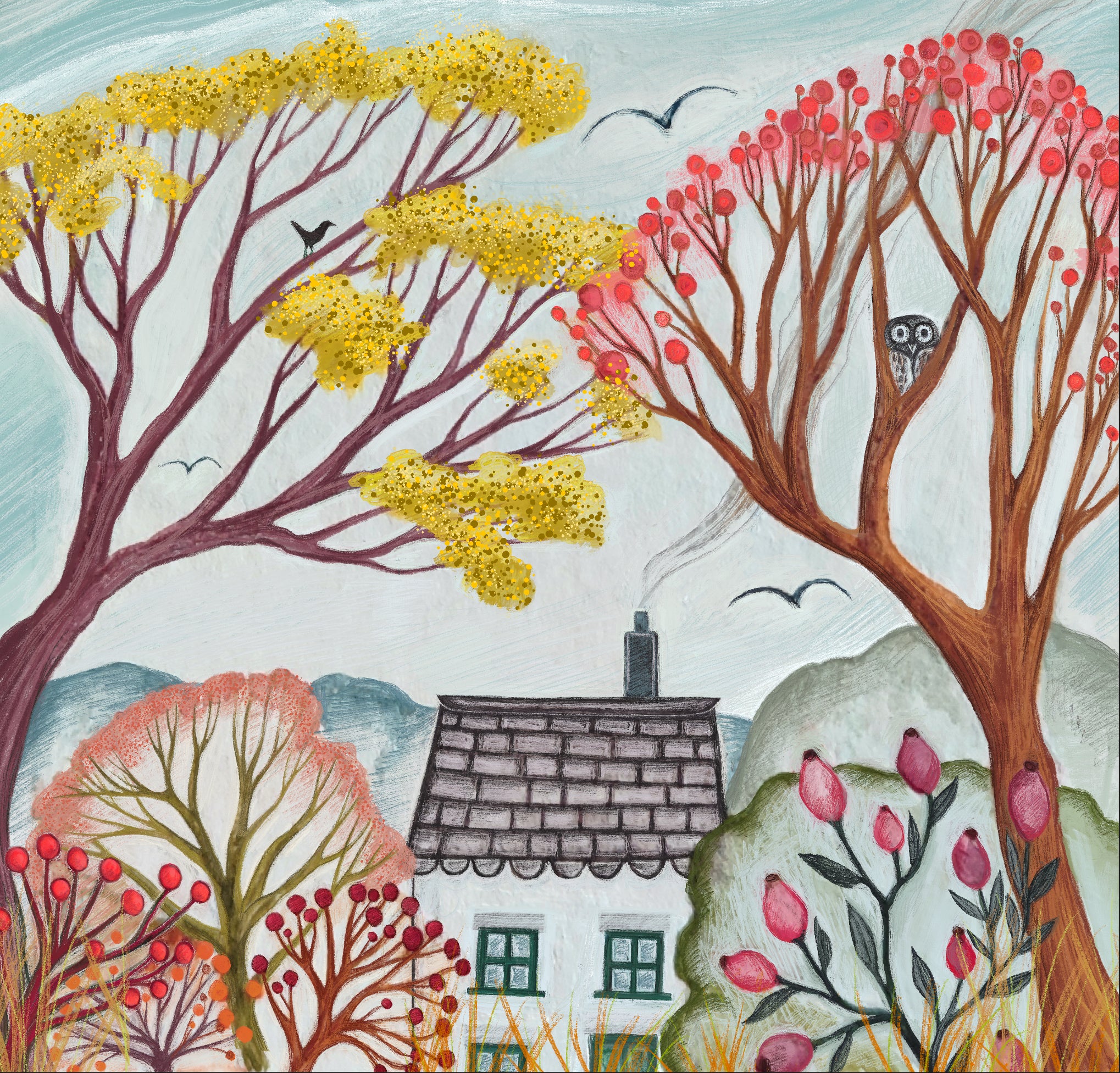 Illustration of a house surrounded by trees with autumn foliage. Cottage core autumn card with cosy cottage, rosehips and birds in the sky, chimney smoke, slow living inspiration 