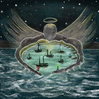 Artistic depiction of an angel with a halo holding a circular mirror reflecting a night scene with ships on water.