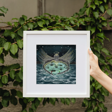 Framed artwork of an angel with wings holding a boat in water, surrounded by a storm. Safe harbour 