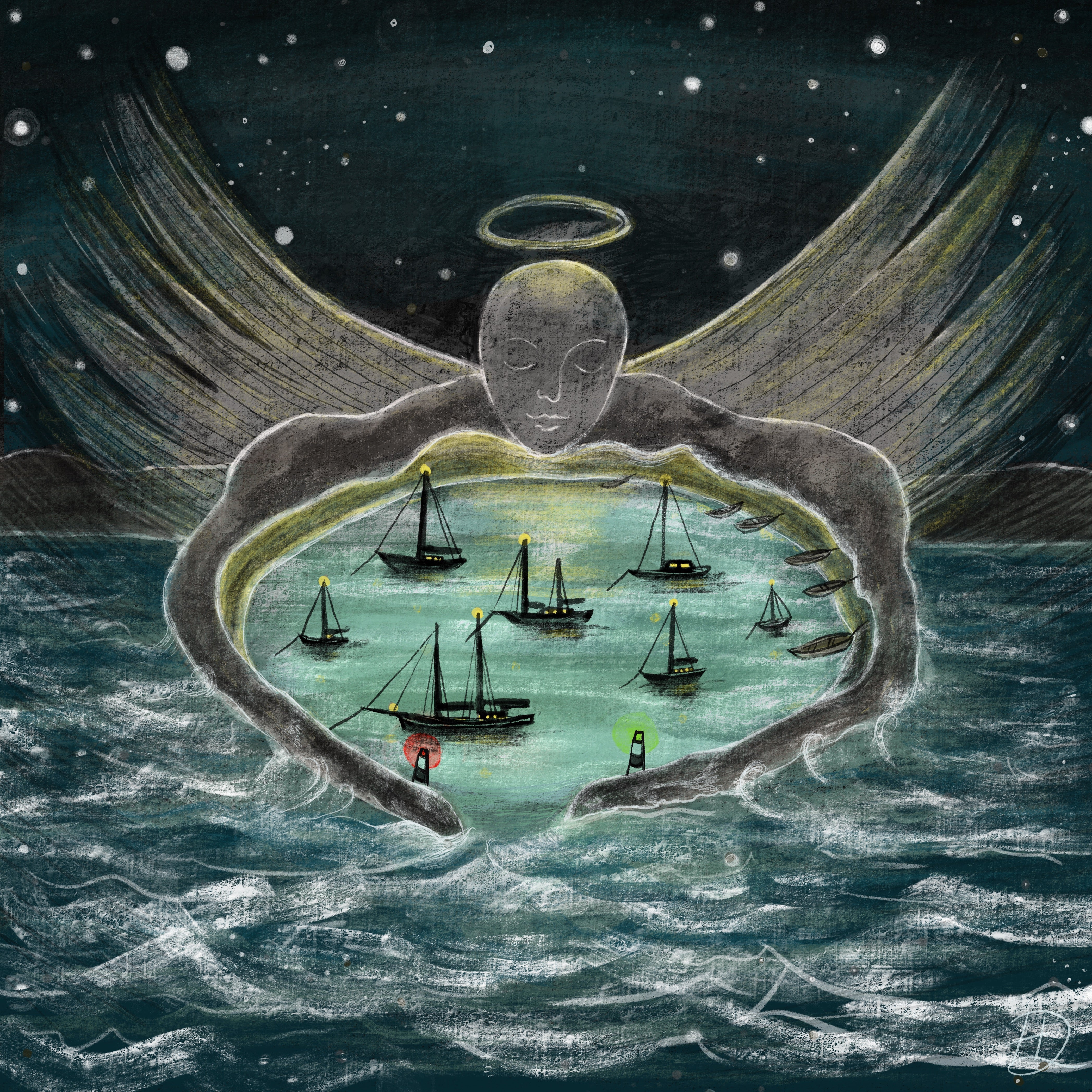 Artistic depiction of an angel with a halo holding a circular mirror reflecting a night scene with ships on water.