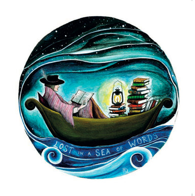 Lost in a Sea of Words art print by Northern Ireland Artist Hannah Dorman. Greeting card for book lovers