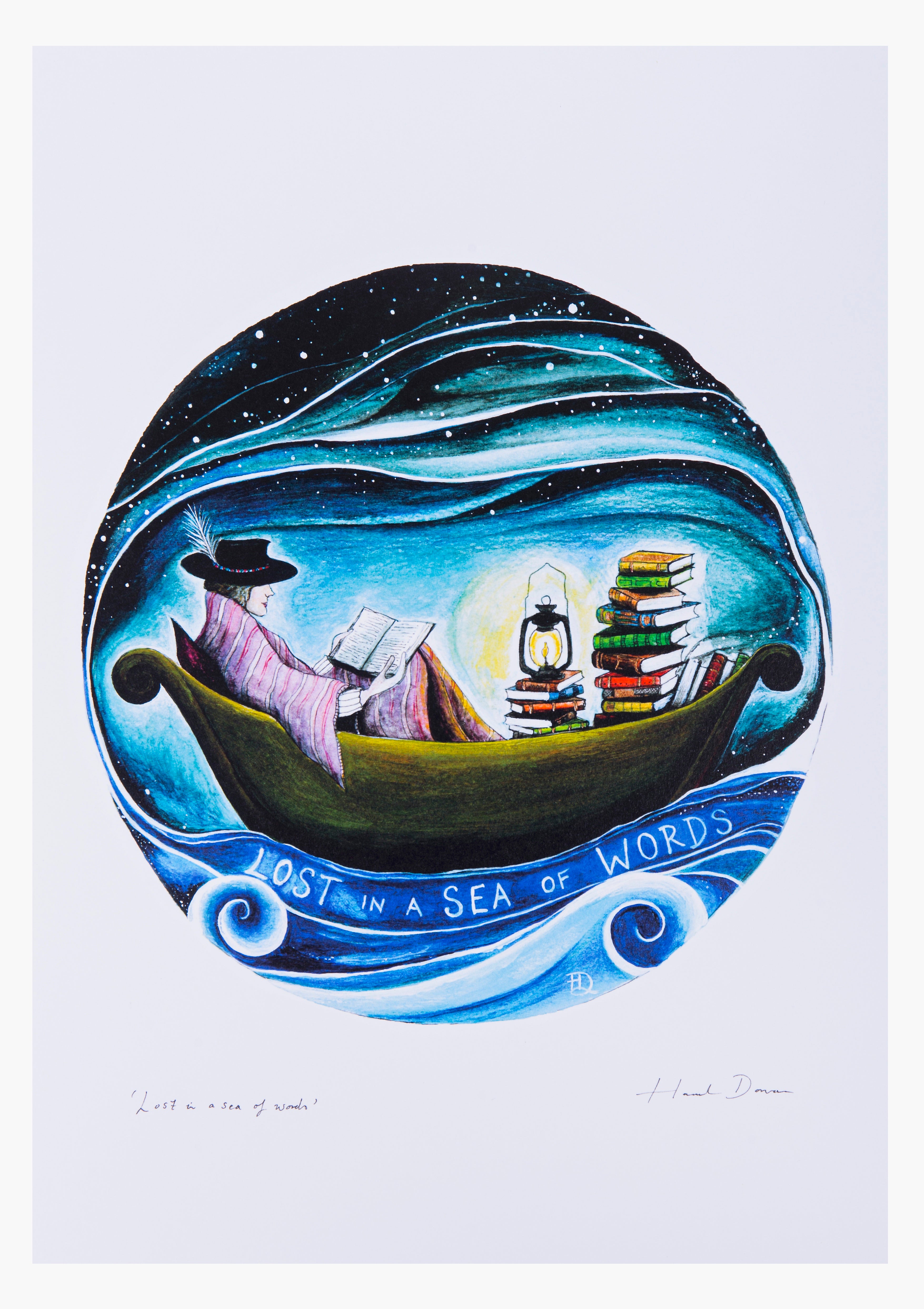 Lost in a Sea of Words, reading book art print, slow living art, gift for book lovers