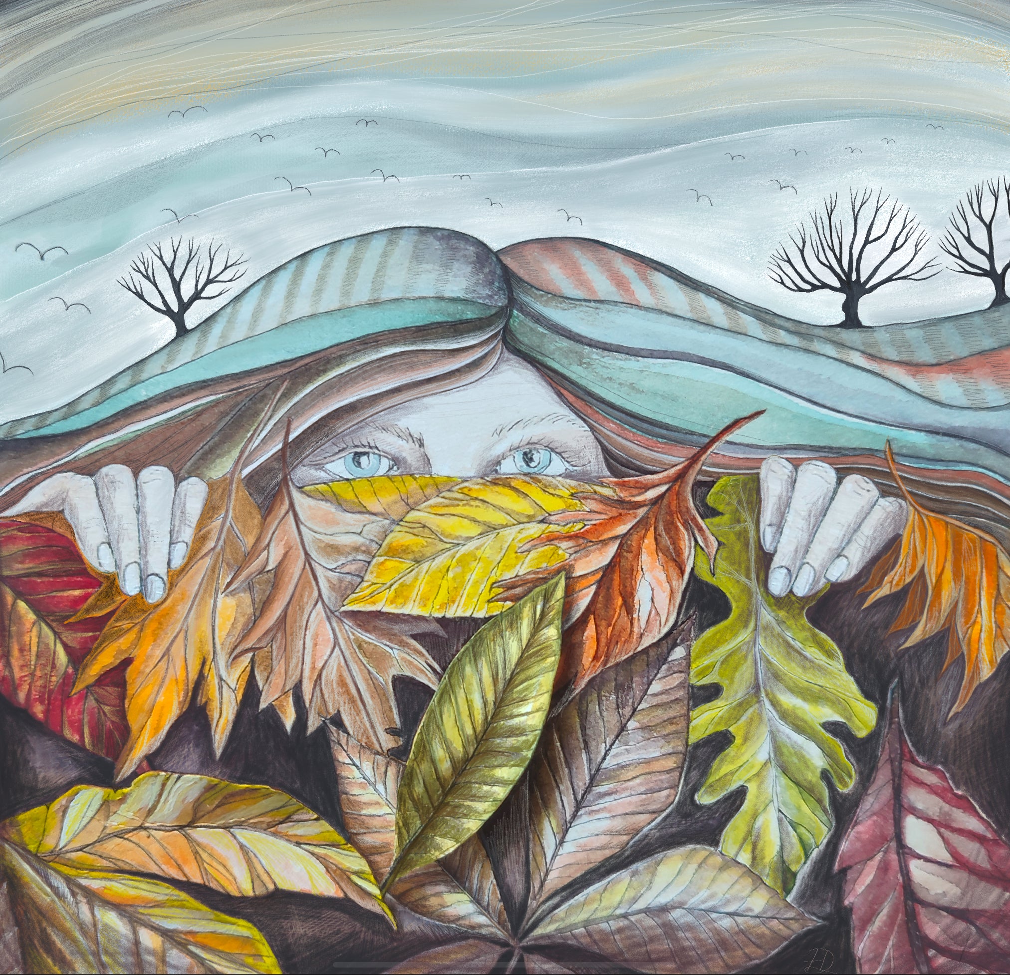 Artistic depiction of a woman resting under ablanket of autumn leaves in front of a landscape, hair flowing into ploughed fields and trees, wintering card