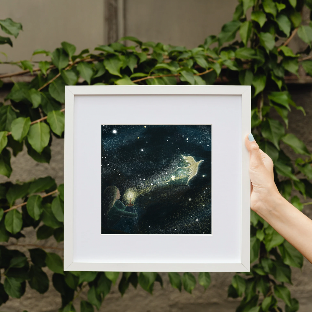 Artwork in memory of a friend, your light shines on, Donna Ashworth, wild Hope, in memory of, light in the dark art print