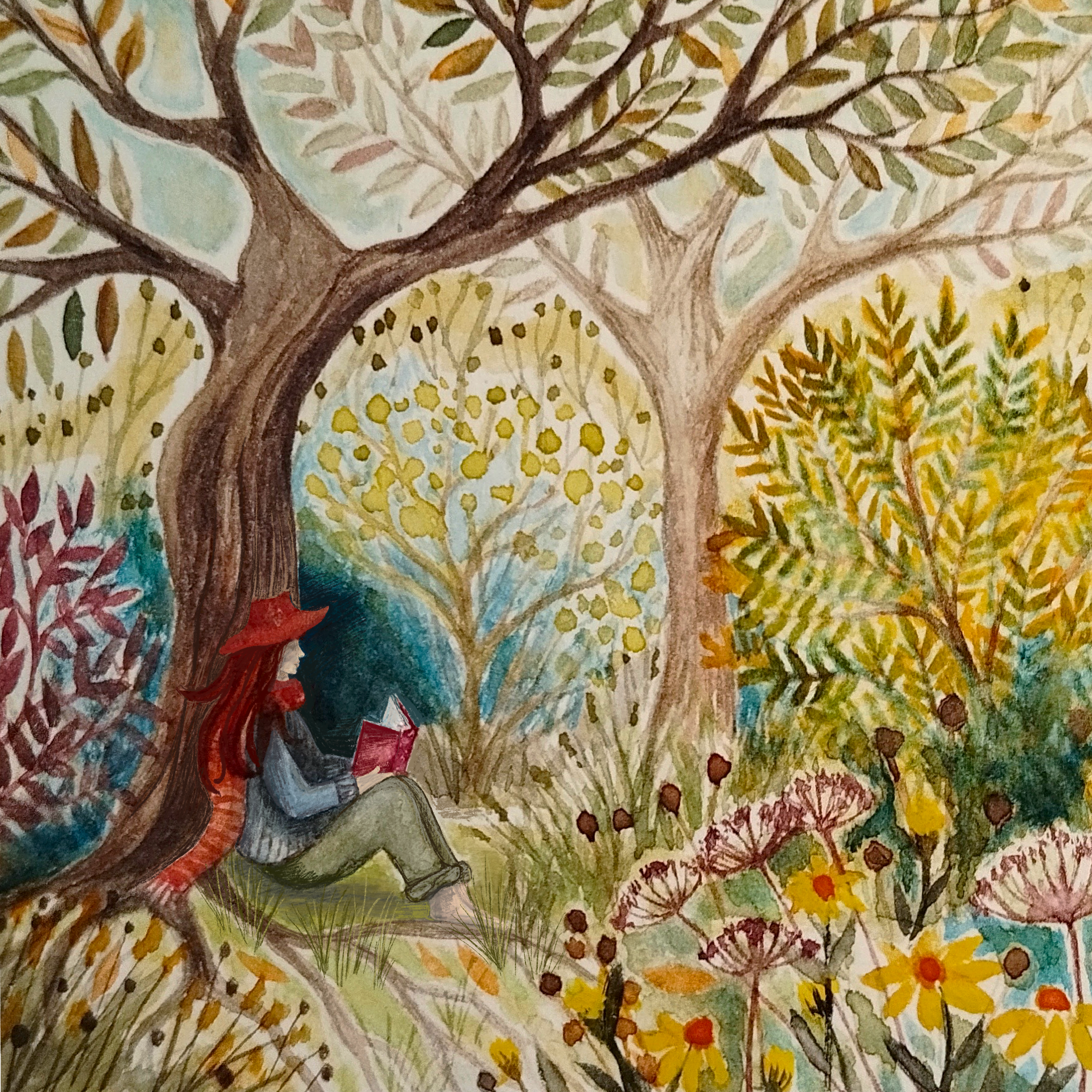 Quiet reading spot in the woods, watercolour print, framed, slow-living art, mindful art, gifts for readers