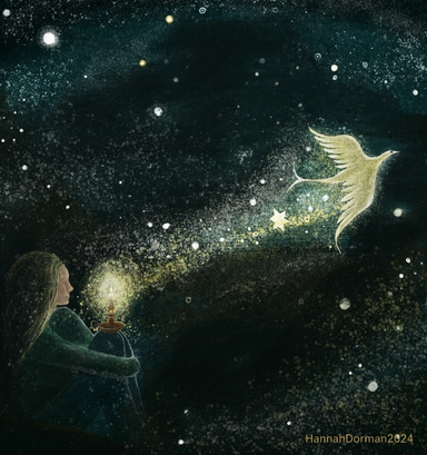 Artwork in memory of a friend, your light shines on, Donna Ashworth, wild Hope, in memory of, light in the dark art print, woman sitting with a candle contemplating under the stars