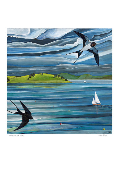 Signed art print by Hannah Dorman of Strangford Lough sailing boats and swallows, coastal art Northern Ireland 