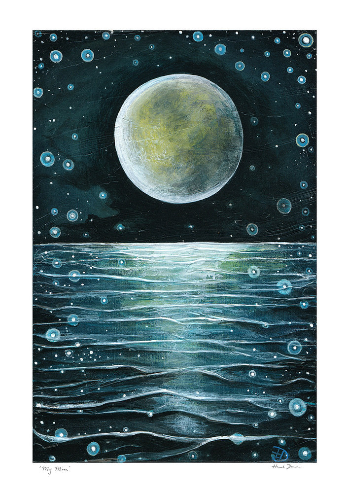 My Moon, moon over water, art print by Hannah Dorman, Mindful art