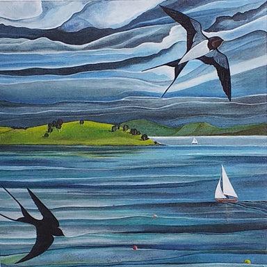Swallows and Sails, painting of Strangford Lough, northern Irish art, sailing art, rivers and glens