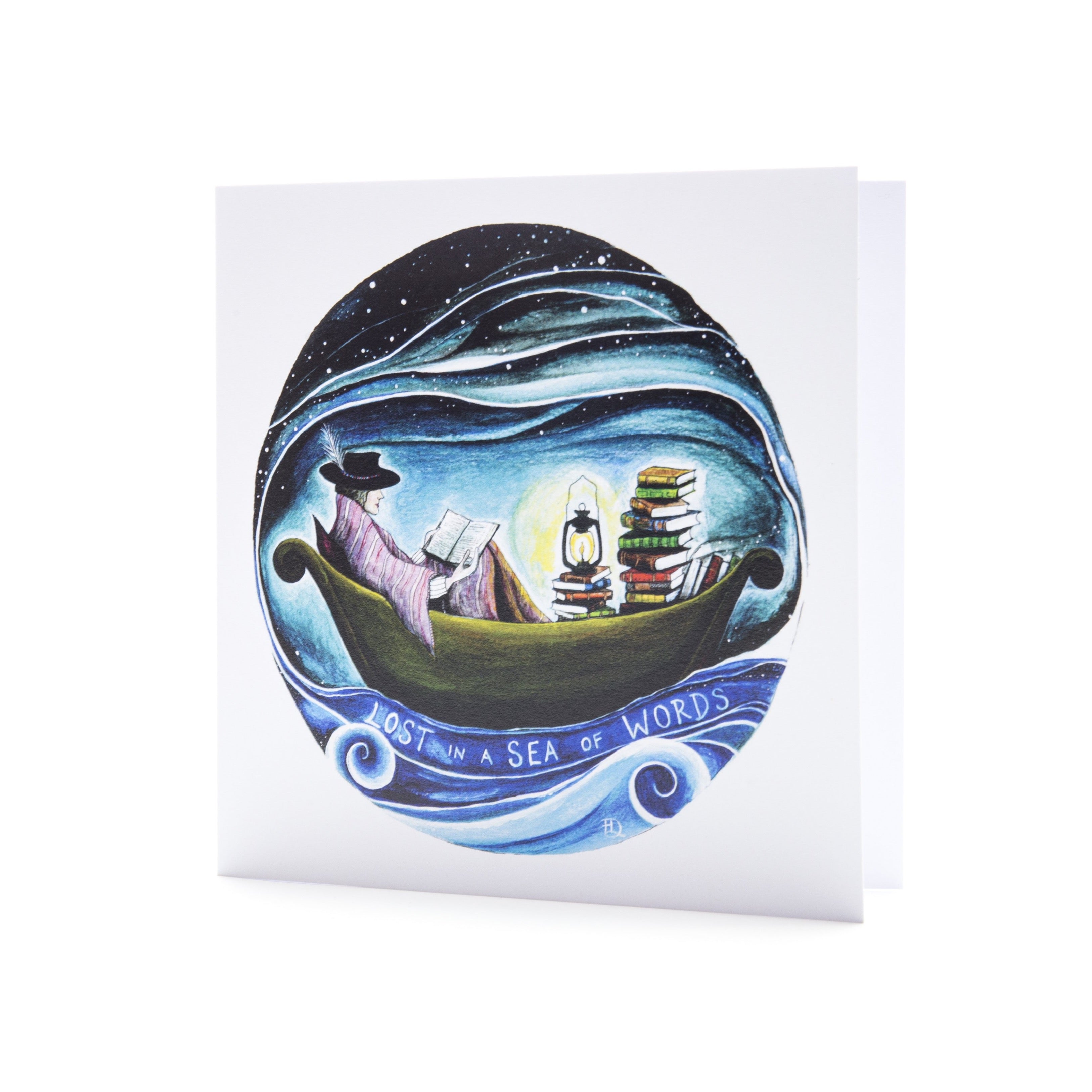 Lost in a Sea of Words art print by Northern Ireland Artist Hannah Dorman. Greeting card for book lovers