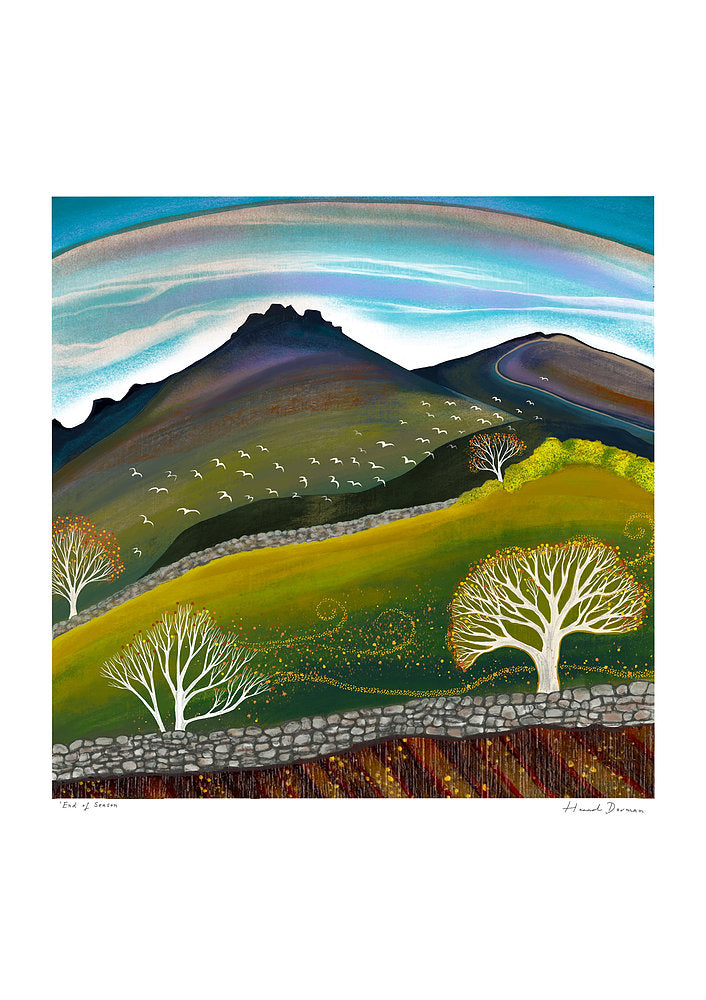 Autumn landscape art print with Mourne Mountains and falling leaves, End of Season illustration with stone walls and murmuration of birds, Northern Ireland, artist Hannah Dorman 