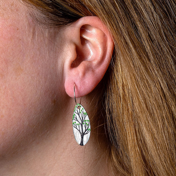 White Tree & Green Bloom ~ Wood & Sterling Silver ~ Earrings