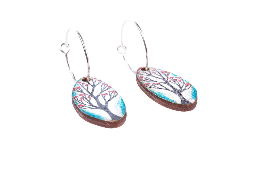 Turquoise Trees & Red Bloom ~ Wood & Sterling Silver ~ Earrings