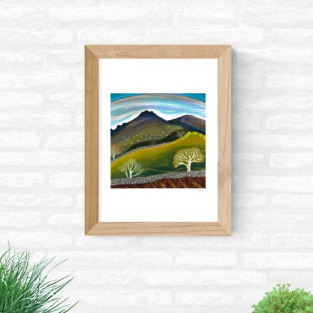 Autumn landscape art print with Mourne Mountains and falling leaves, End of Season illustration with stone walls and murmuration of birds, Northern Ireland, artist Hannah Dorman 